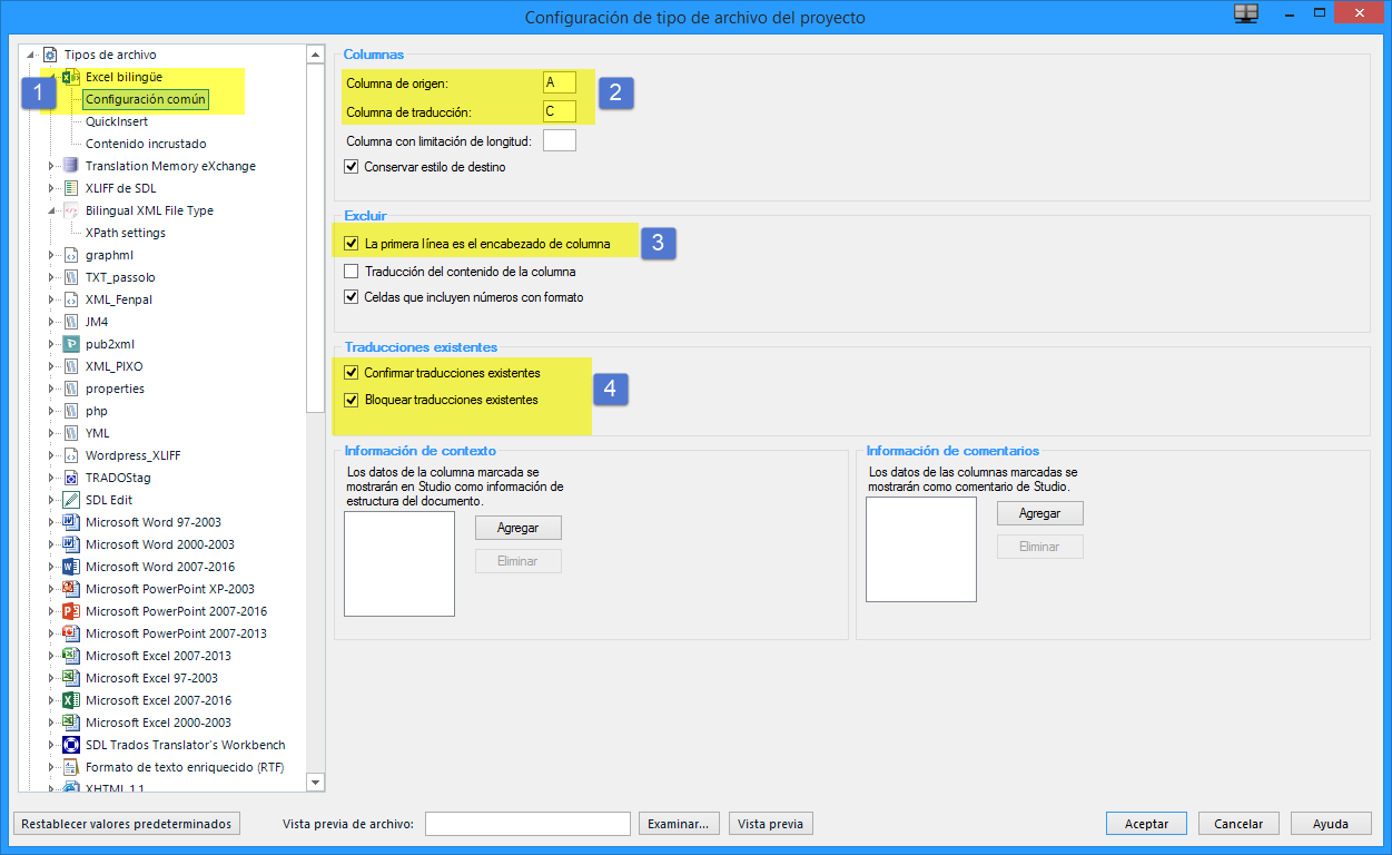 Configuración del filtro Excel bilingüe en Studio