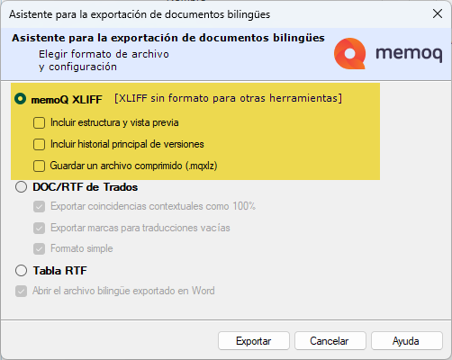 Exportación del archivo como MQXLIFF