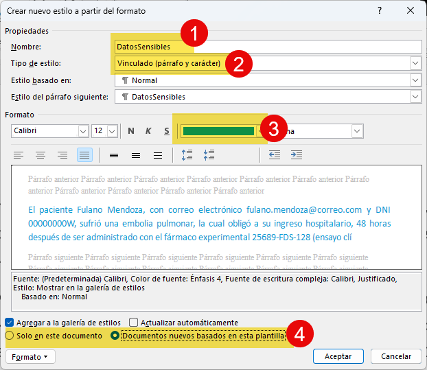 Creación de estilos en Word para ocultar datos sensibles