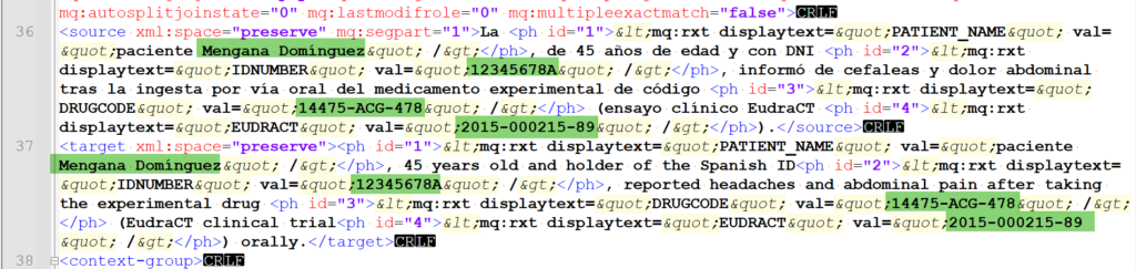 Archivo MQXLIFF con datos sensibles sin ocultar